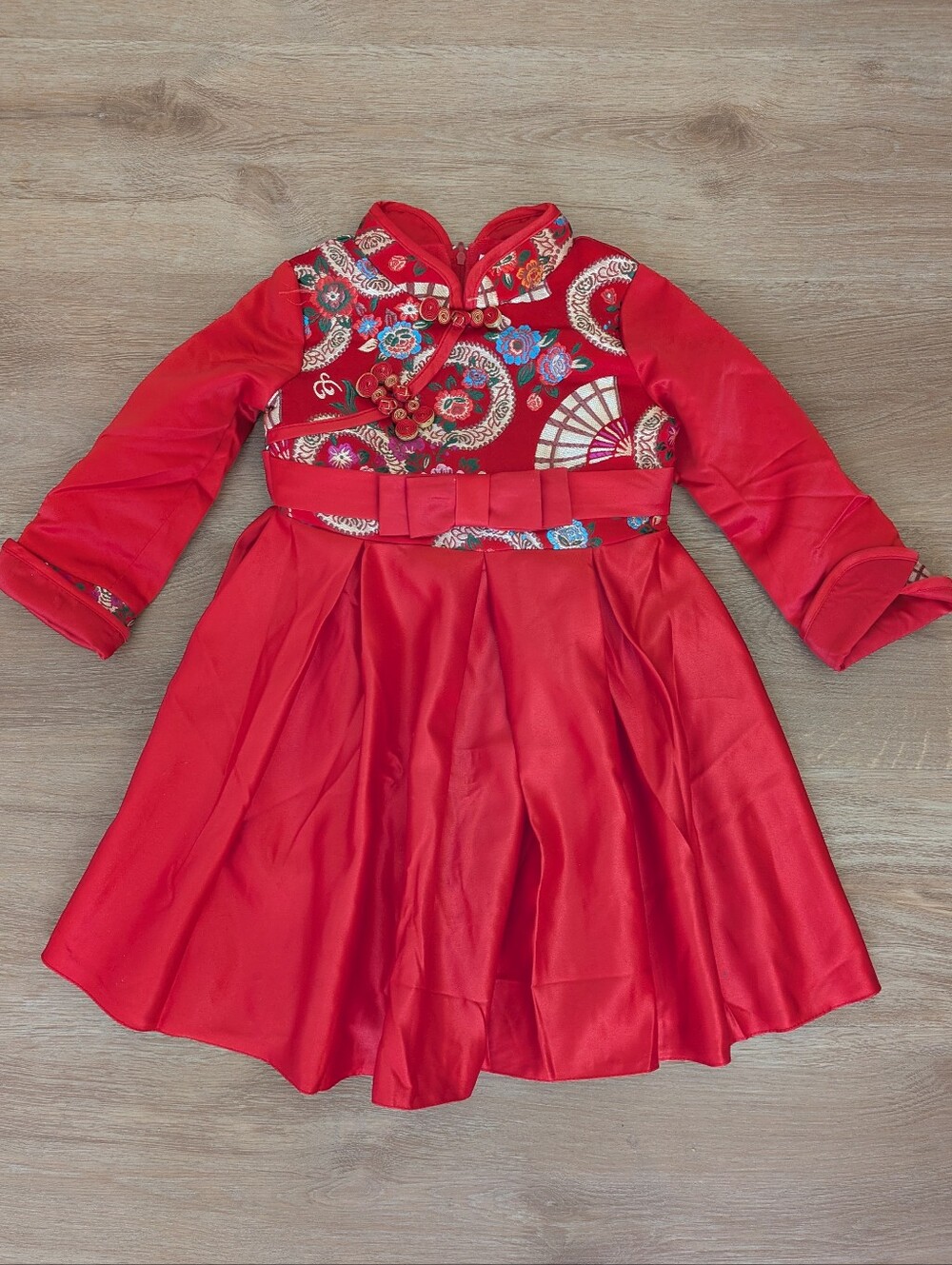 Girls Red Satin Traditional Chinese Lunar New year Dress with Floral Embroidery
